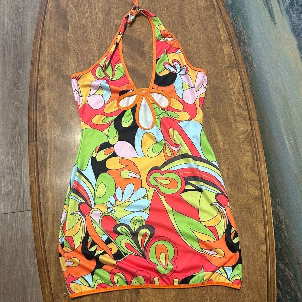Vintage 60s 70s Dress Keyhole Peekaboo Retro Funky Mini Dress Sz S/M - Picture 2 of 4